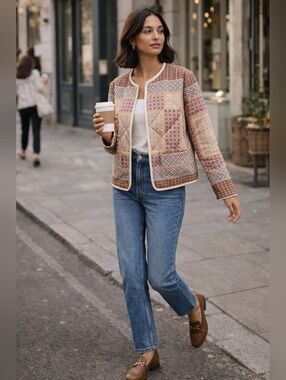 Anthropologie Quilted Patchwork Jacket Boho Blush Neutral Lightweight XS